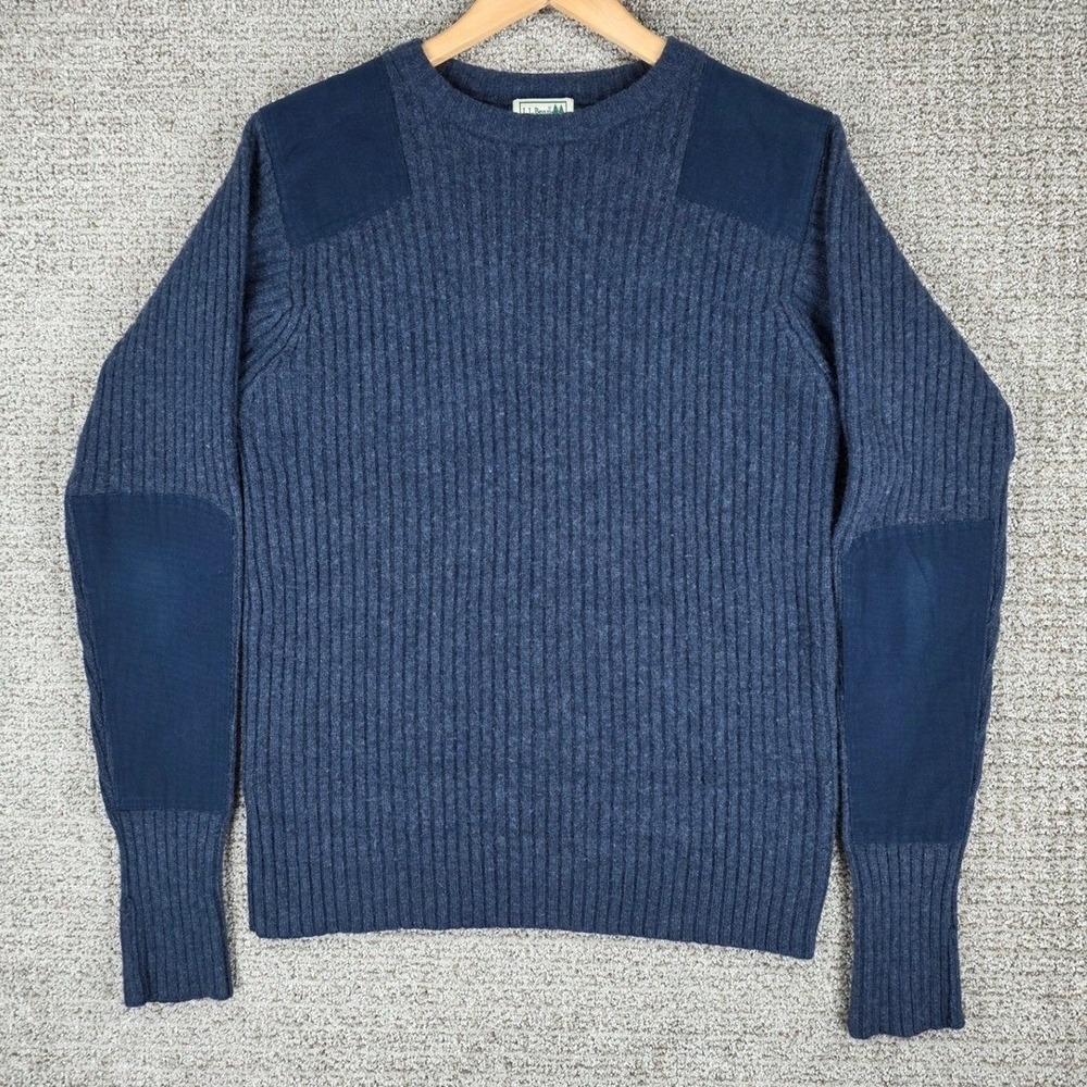 LL Bean Mens Merino Lambswool Commando Sweater Blue Ribbed Elbow Patches L Tall